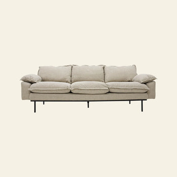 The HKLIVING Retro Sofa, 3-Seats, features plush beige cushions and slim black metal legs in a vintage style, set against a light background.