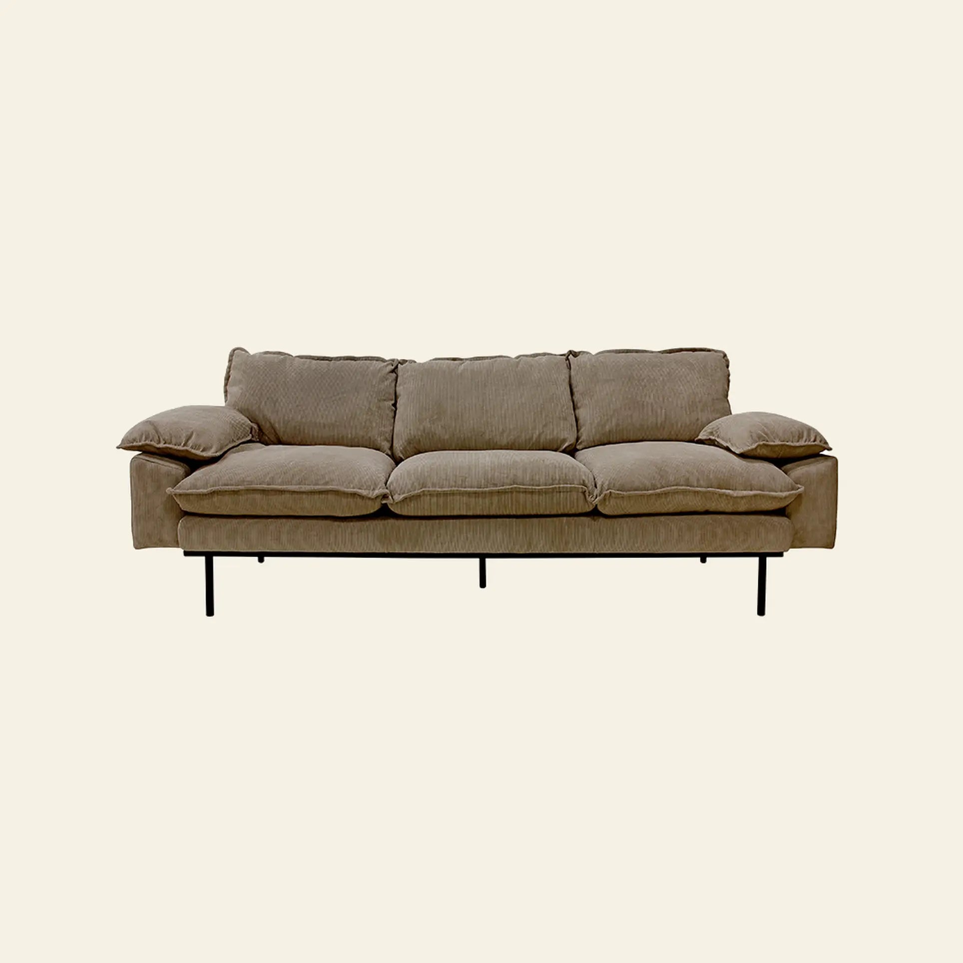 The HKLIVING Retro Sofa, 4-Seats features plush cushions and pillow-like armrests in a beige vintage style, supported by slim black metal legs and set against a plain light background.
