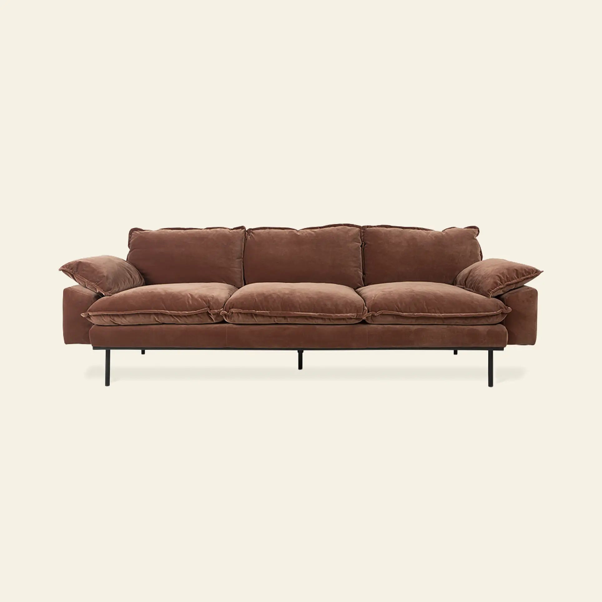 The HKLIVING Retro Sofa, 4-Seats, features brown velvet upholstery, three seat and back cushions, wide armrests, and slim black metal legs. It is displayed against a plain off-white background.