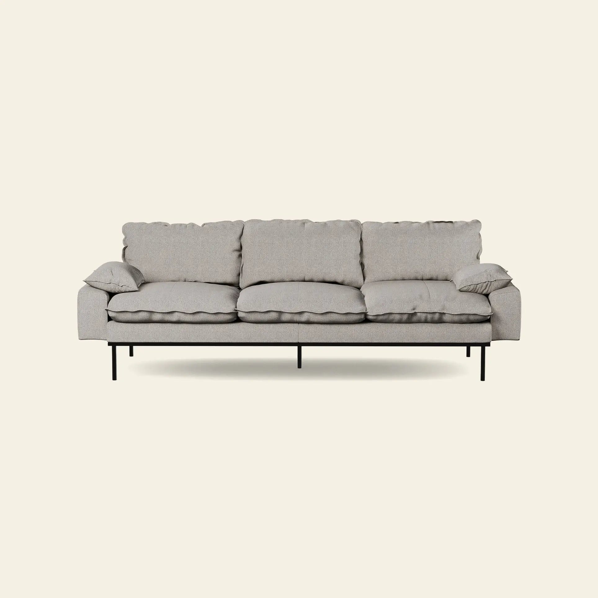 The HKLIVING Retro Sofa, 4-Seats, is a modern light gray vintage-style couch featuring three seat cushions, three back cushions, two armrest cushions, and slim black metal legs, shown against a plain beige background.