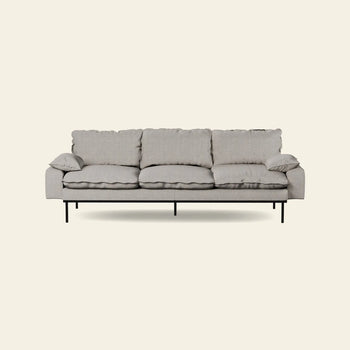 The HKLIVING Retro Sofa, 4-Seats, is a modern light gray vintage-style couch featuring three seat cushions, three back cushions, two armrest cushions, and slim black metal legs, shown against a plain beige background.