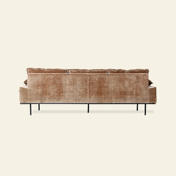 The HKLIVING Retro Sofa, 4-Seats by HKLIVING is a brown velvet vintage-style sofa with ribbed texture, three seat cushions, plush back pillows, and slim black metal legs, shown from the back against a plain light background.
