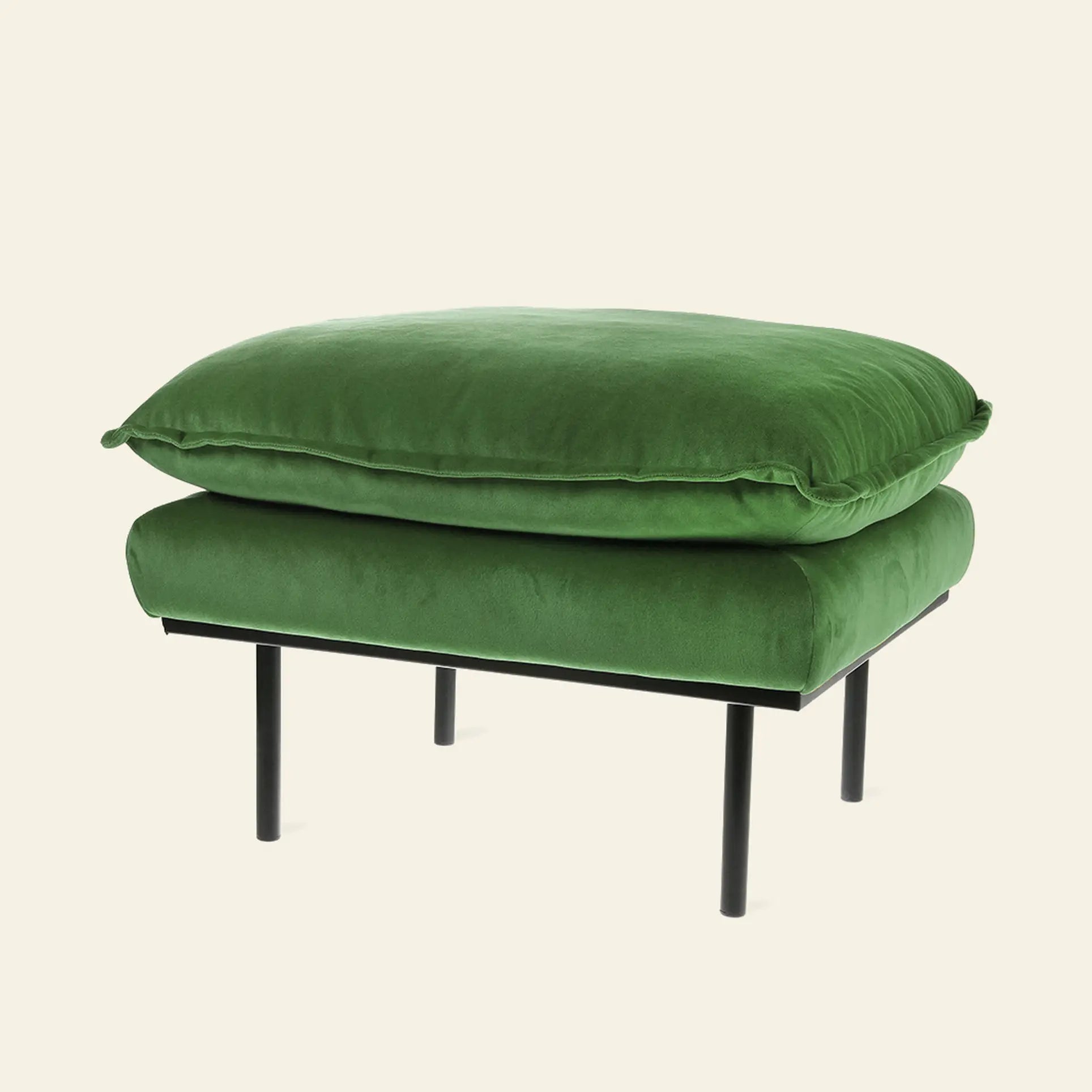 The HKLIVING Retro Sofa Hocker is a modern green ottoman with a plush cushion and four slim black metal legs, inspired by vintage designs, showcased against a plain beige background.