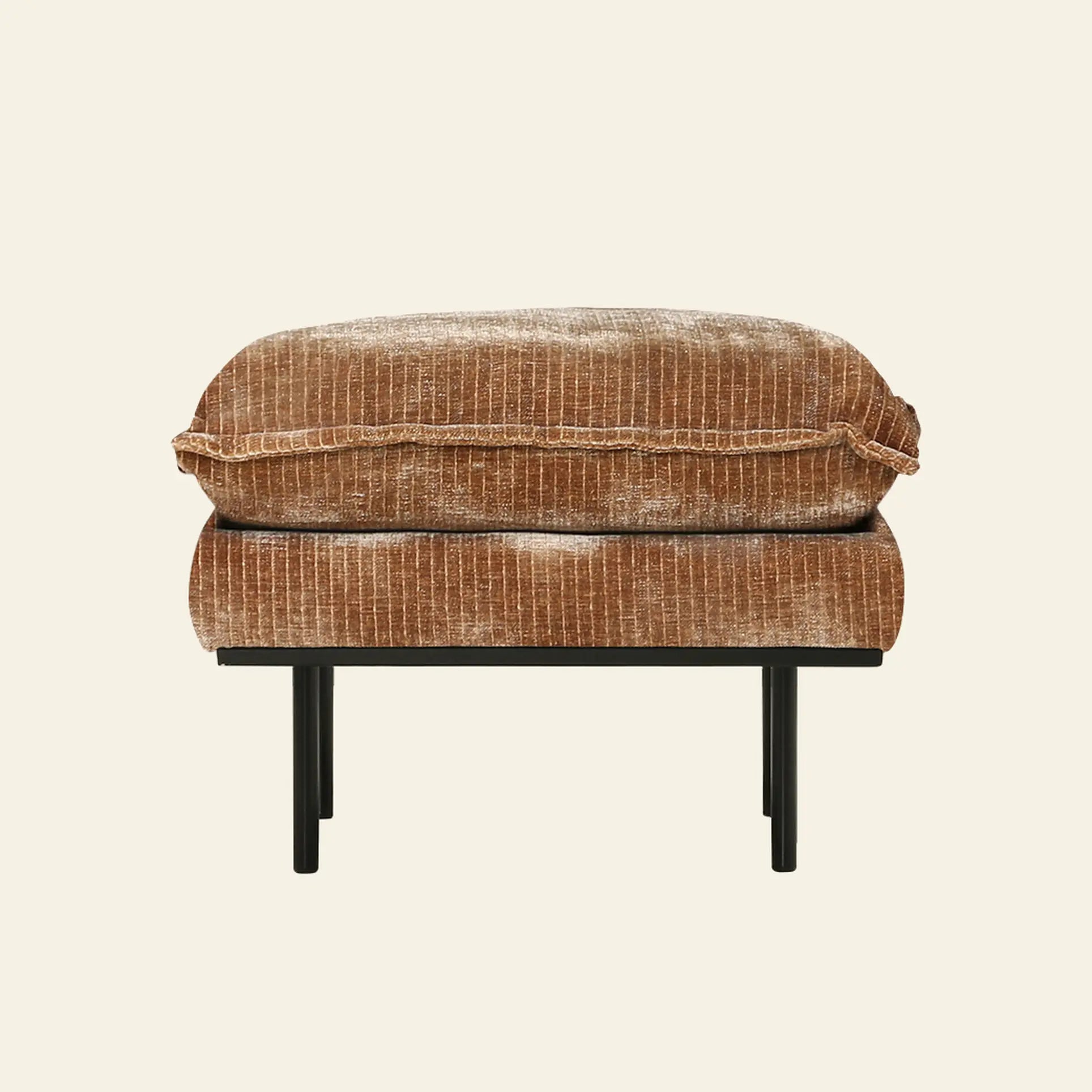 The HKLIVING Retro Sofa Hocker is a plush, brown ottoman with corduroy-like fabric, a thick cushion, and black metal legs by HKLIVING, shown against a simple light background.