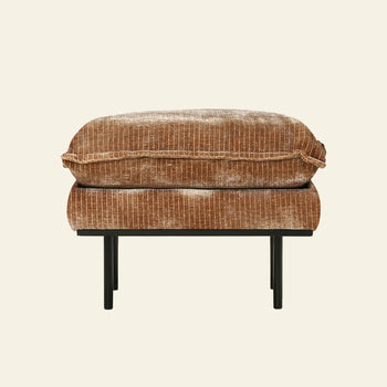 The HKLIVING Retro Sofa Hocker is a plush, brown ottoman with corduroy-like fabric, a thick cushion, and black metal legs by HKLIVING, shown against a simple light background.
