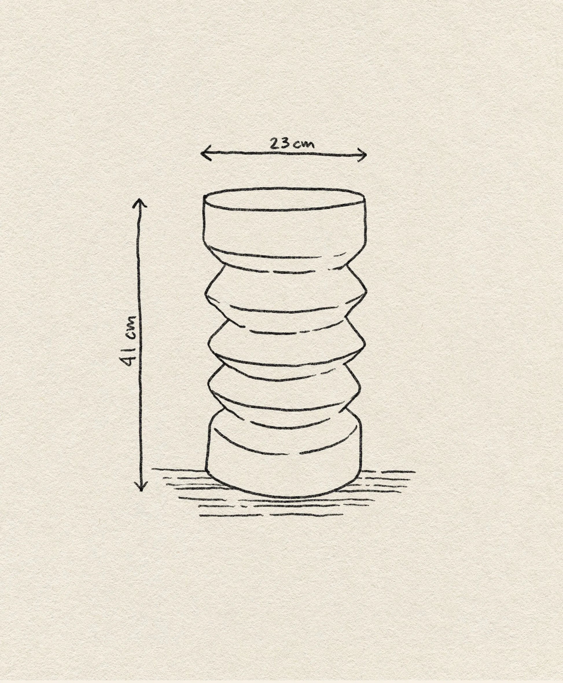 A hand-drawn sketch of the HKLIVING Stoneware Side Table—a cylindrical stool with four indented grooves, 41 cm tall and 23 cm wide—shows labeled measurements on a textured beige background.