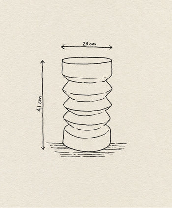 A hand-drawn sketch of the HKLIVING Stoneware Side Table—a cylindrical stool with four indented grooves, 41 cm tall and 23 cm wide—shows labeled measurements on a textured beige background.