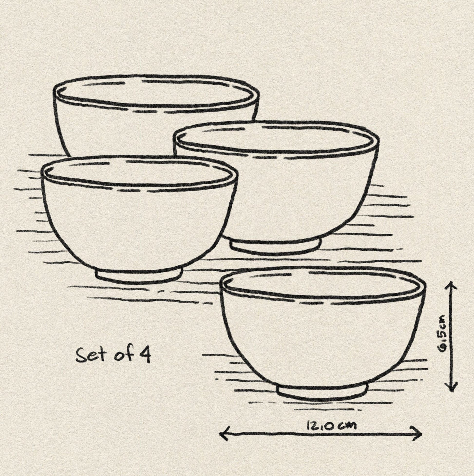 Line drawing of HKliving The Emeralds: Ceramic Dessert Bowl, Set of 4, with bowls arranged together. Each bowl measures 12.0 cm wide by 6.5 cm tall. Background features textured paper with a subtle geometric pattern.