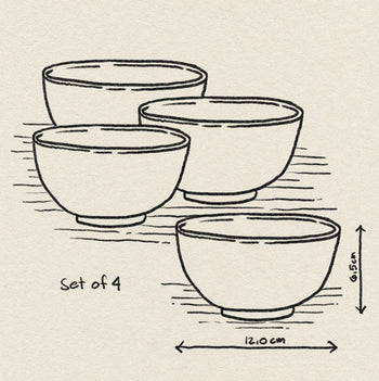 Line drawing of HKliving The Emeralds: Ceramic Dessert Bowl, Set of 4, with bowls arranged together. Each bowl measures 12.0 cm wide by 6.5 cm tall. Background features textured paper with a subtle geometric pattern.