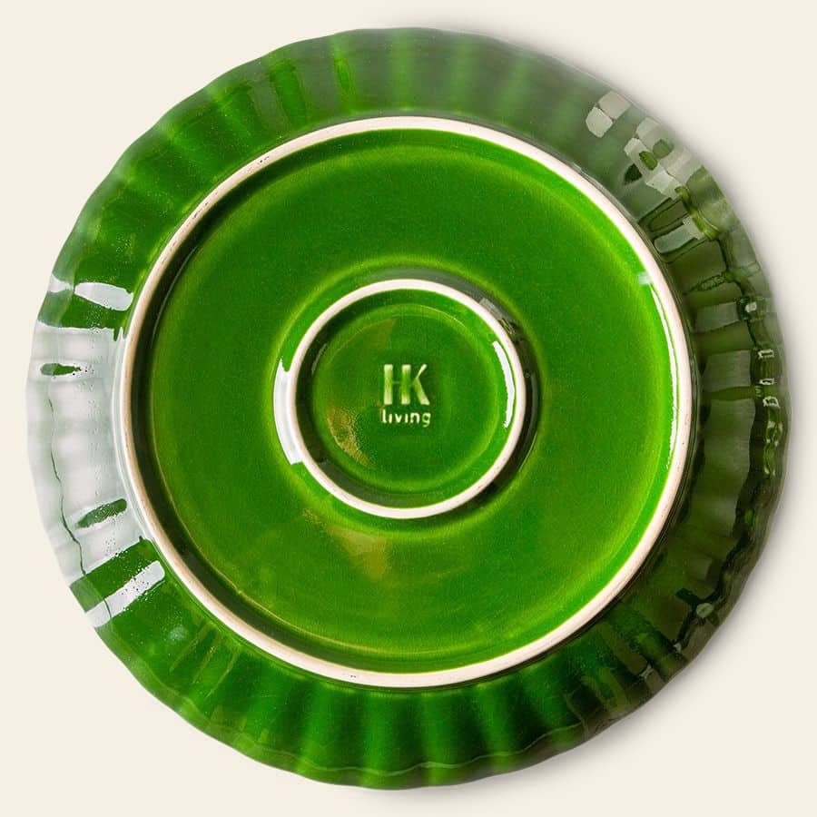 The HKliving The Emeralds: Ceramic Dinner Plate Ribbed, Set of 2 features vibrant emerald green plates with glossy finishes, ribbed edges, and the HKliving logo embossed on the circular base—perfect for serving stylish small meals.