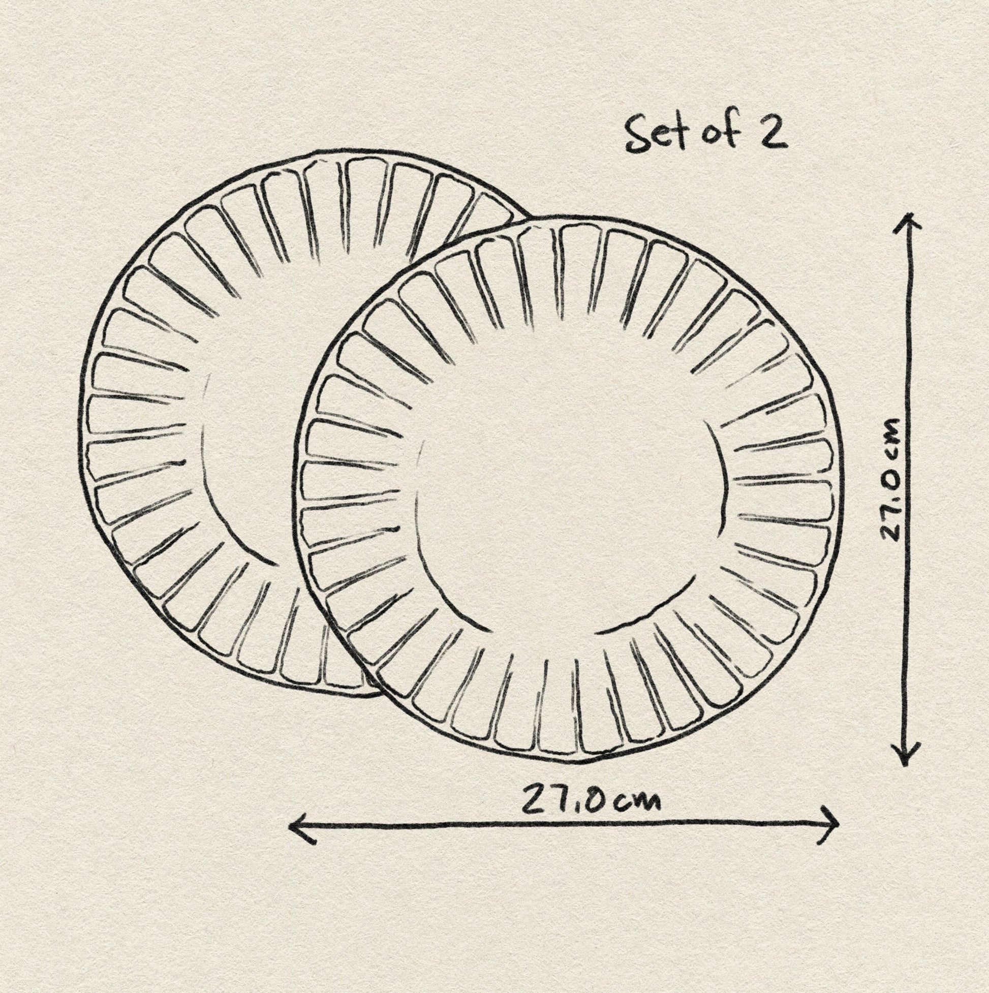 A sketch shows two overlapping HKliving The Emeralds Ceramic Dinner Plates (Set of 2), each labeled with a 27.0 cm diameter. Featuring ribbed edges, these HKliving plates are great for small meals, set against a textured background.