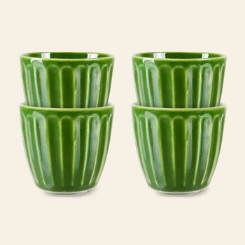 The HKliving The Emeralds: Ceramic Mug Ribbed, Set of 4 features stylish ribbed ceramic mugs—an ideal addition for any coffee connoisseur’s collection.