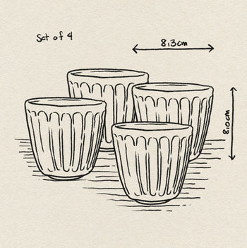 Line drawing of HKliving The Emeralds: Ceramic Mug Ribbed, Set of 4. Arrows show each mug is 8.13 cm wide and 8.0 cm tall—ideal for coffee lovers. The HKliving cups rest on a textured surface.