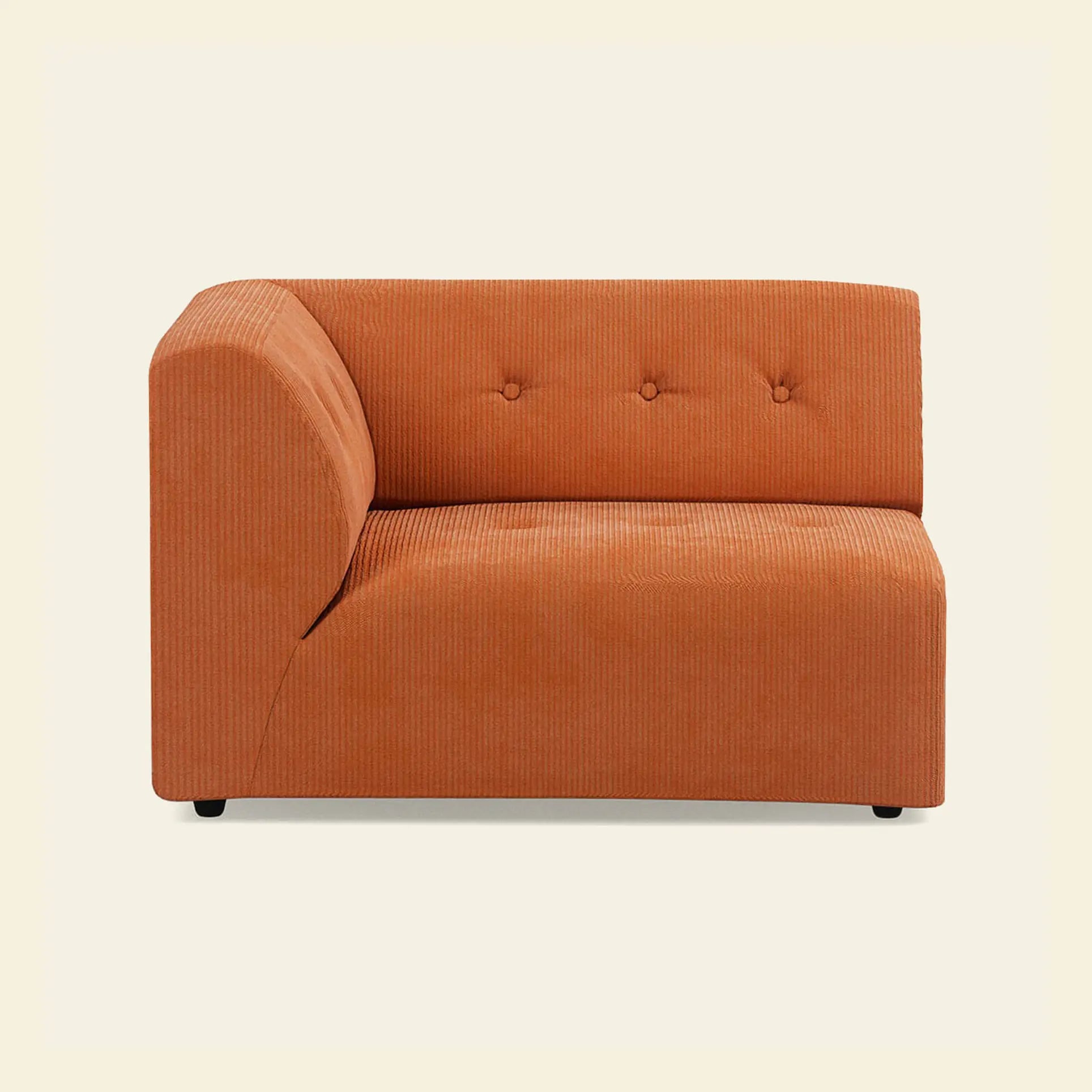 The HKLIVING Vint Couch, Left, 1.5-Seat features orange corduroy upholstery, a left armrest, tufted backrest, and a simple modern design by HKLIVING, shown against a plain light background.