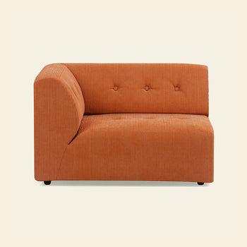 The HKLIVING Vint Couch, Left, 1.5-Seat features orange corduroy upholstery, a left armrest, tufted backrest, and a simple modern design by HKLIVING, shown against a plain light background.