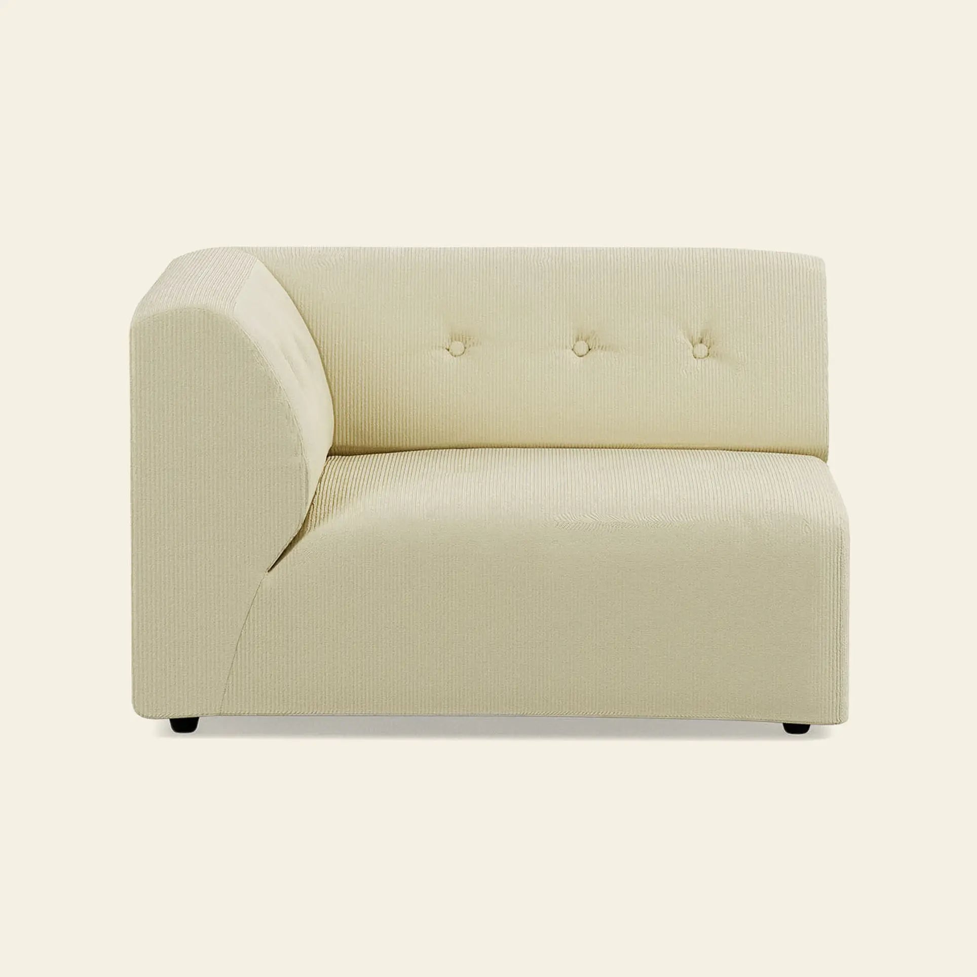 The HKLIVING Vint Couch, Left, 1.5-Seat by HKLIVING is a modern light beige upholstered corner sofa section with a low backrest, three tufted buttons, and clean lines—perfect for adaptable living and customizable setups.