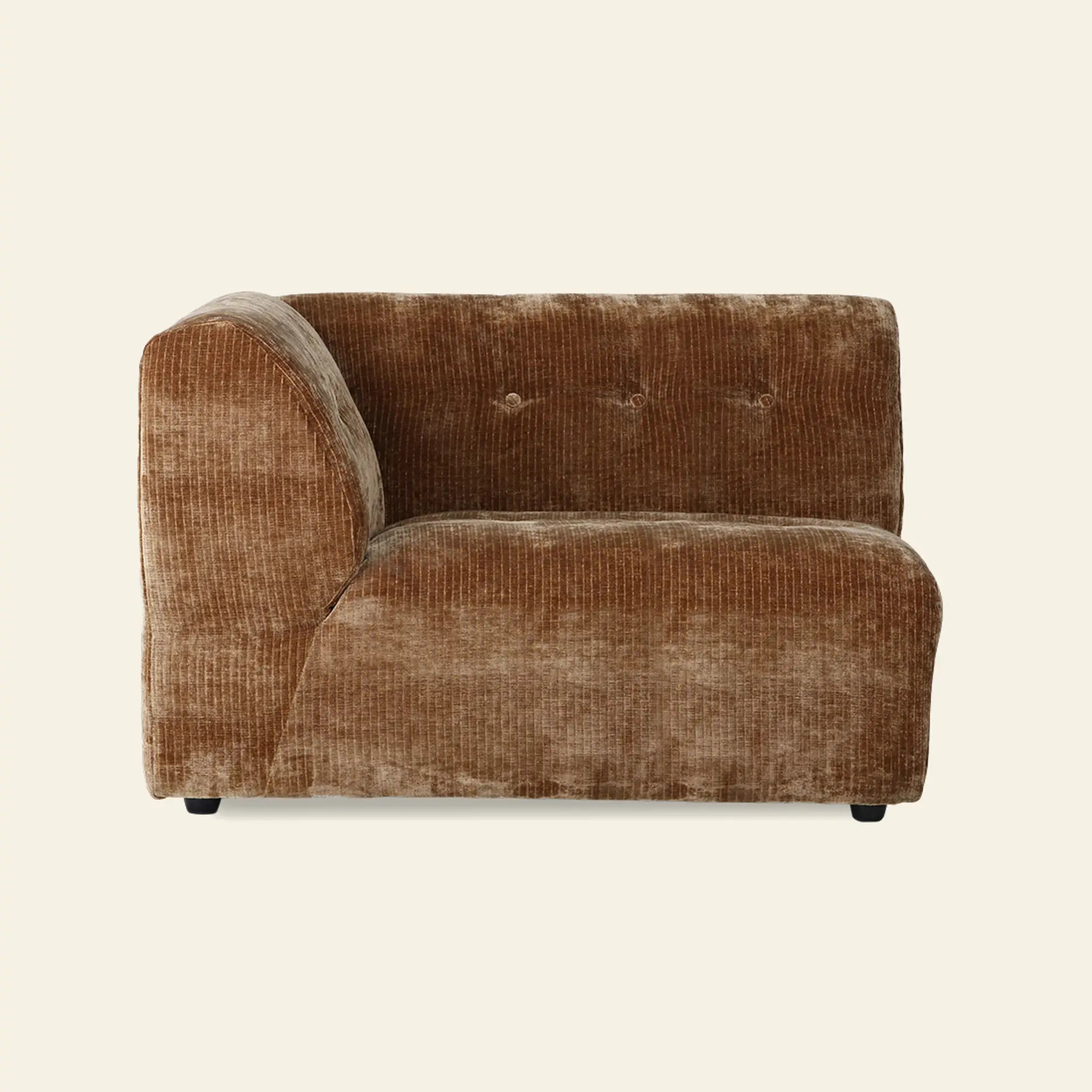 The HKLIVING Vint Couch, Left, 1.5-Seat by HKLIVING features brown corduroy upholstery and a tufted backrest, shown side-on against an off-white background—ideal for pairing with your sofa for versatile, stylish seating.