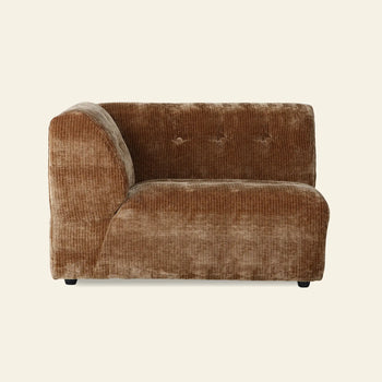 The HKLIVING Vint Couch, Left, 1.5-Seat by HKLIVING features brown corduroy upholstery and a tufted backrest, shown side-on against an off-white background—ideal for pairing with your sofa for versatile, stylish seating.
