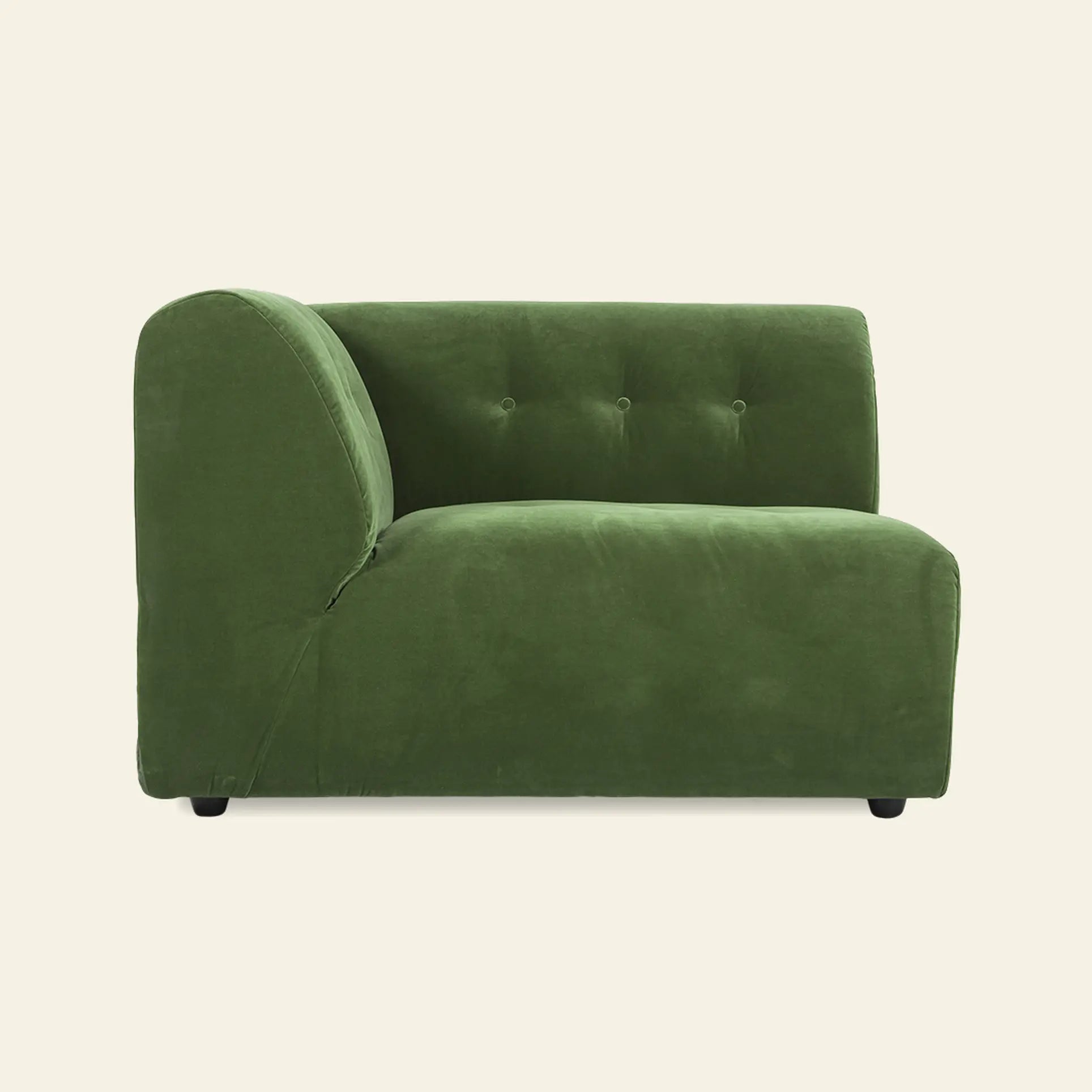 The HKLIVING Vint Couch, Left, 1.5-Seat by HKLIVING is a modern green velvet armless sofa with a tufted backrest, spacious design, rounded edges, and low black legs set against a plain beige background.