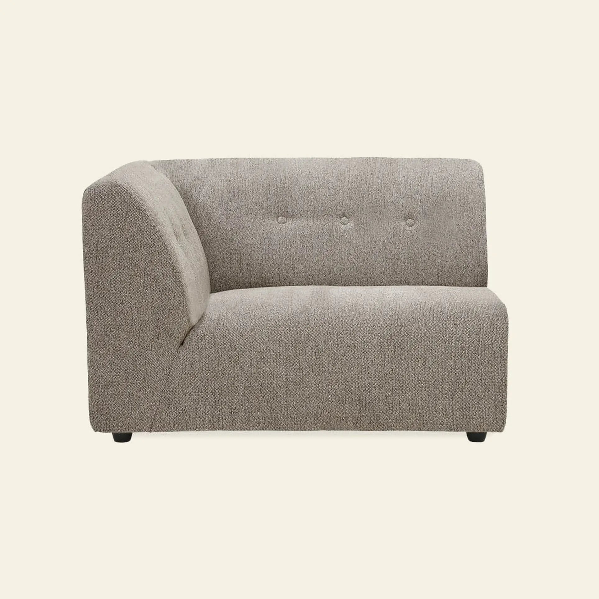 The HKLIVING Vint Couch, Left, 1.5-Seat by HKLIVING is a modern light gray upholstered sofa featuring a low backrest, tufted buttons, and an angled left armrest, shown against an off-white background.