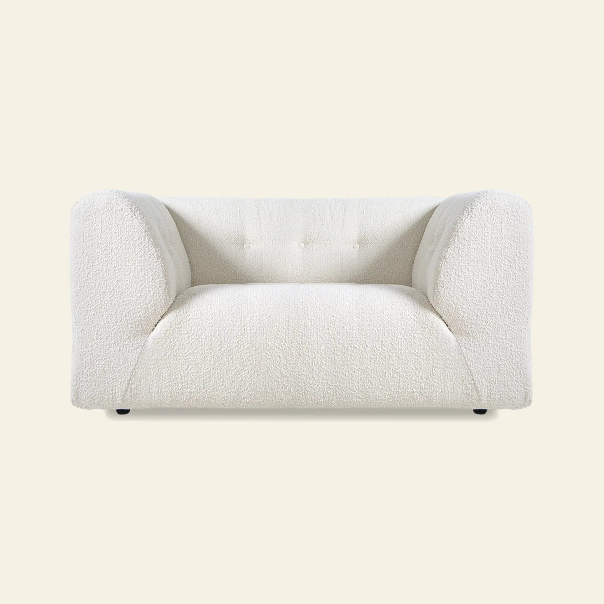 The HKLIVING Vint Couch, Loveseat by HKLIVING features a plush white design with rounded edges and soft textured fabric, perfect as a loveseat or paired with a customizable sofa, shown against a simple light background.