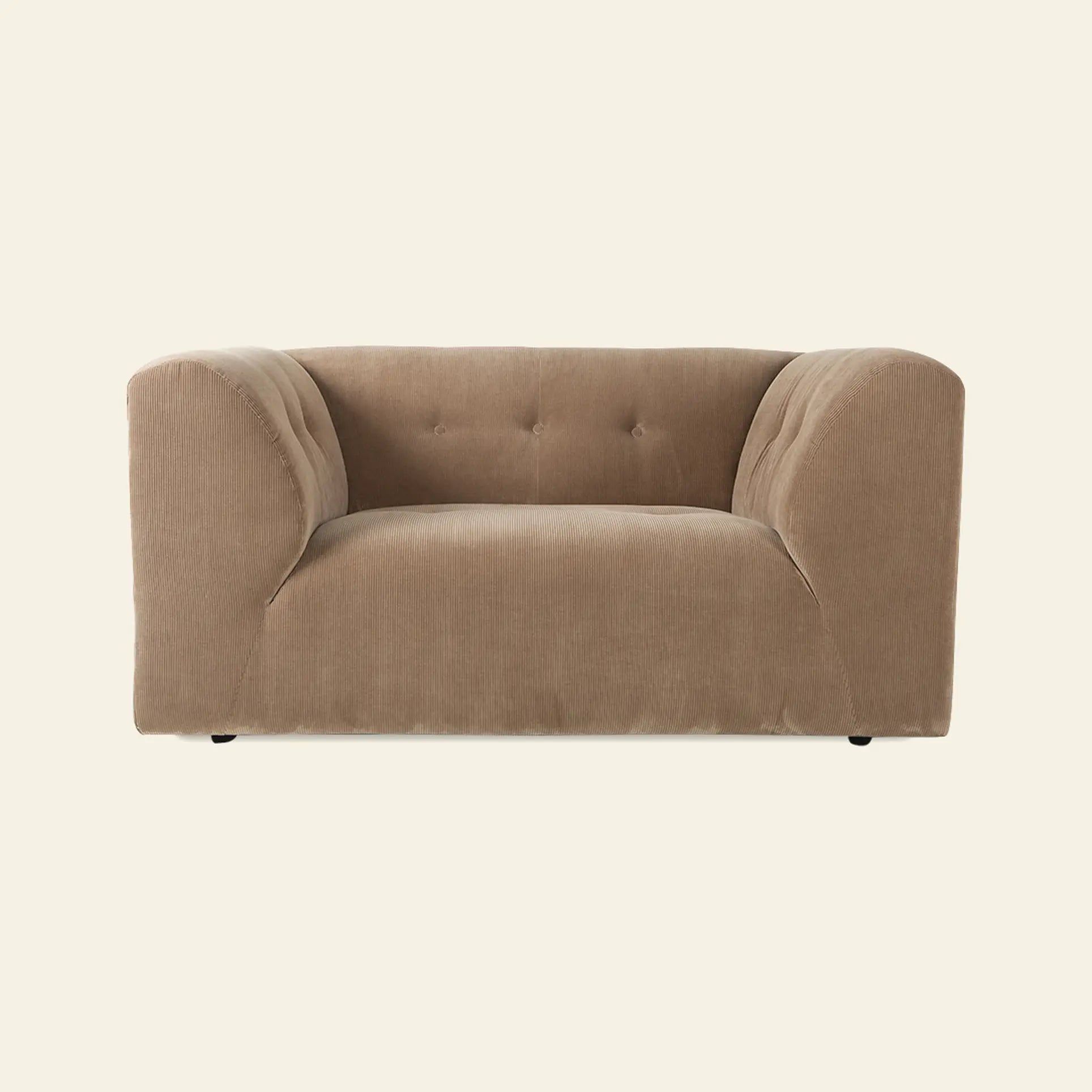 The HKLIVING Vint Couch, Loveseat by HKLIVING is a modern, light brown plush loveseat with rounded arms and a tufted backrest in soft fabric, shown against an off-white background.