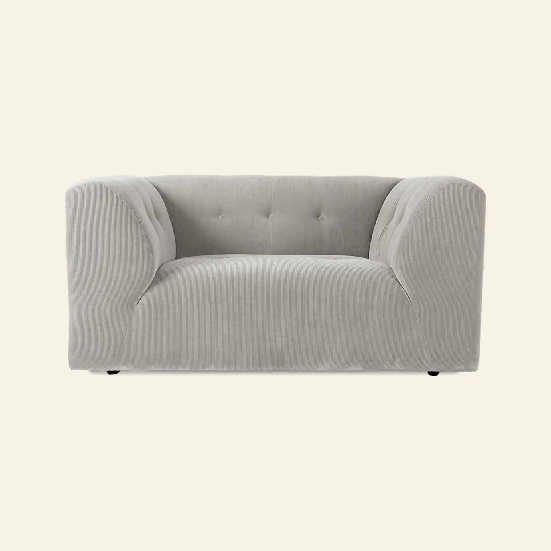 The HKLIVING Vint Couch Loveseat by HKLIVING features modern, light gray upholstery, rounded arms, and a tufted backrest, shown against a plain off-white background.