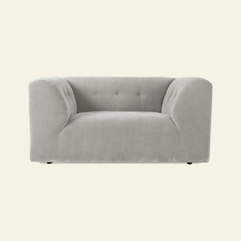 The HKLIVING Vint Couch Loveseat by HKLIVING features modern, light gray upholstery, rounded arms, and a tufted backrest, shown against a plain off-white background.