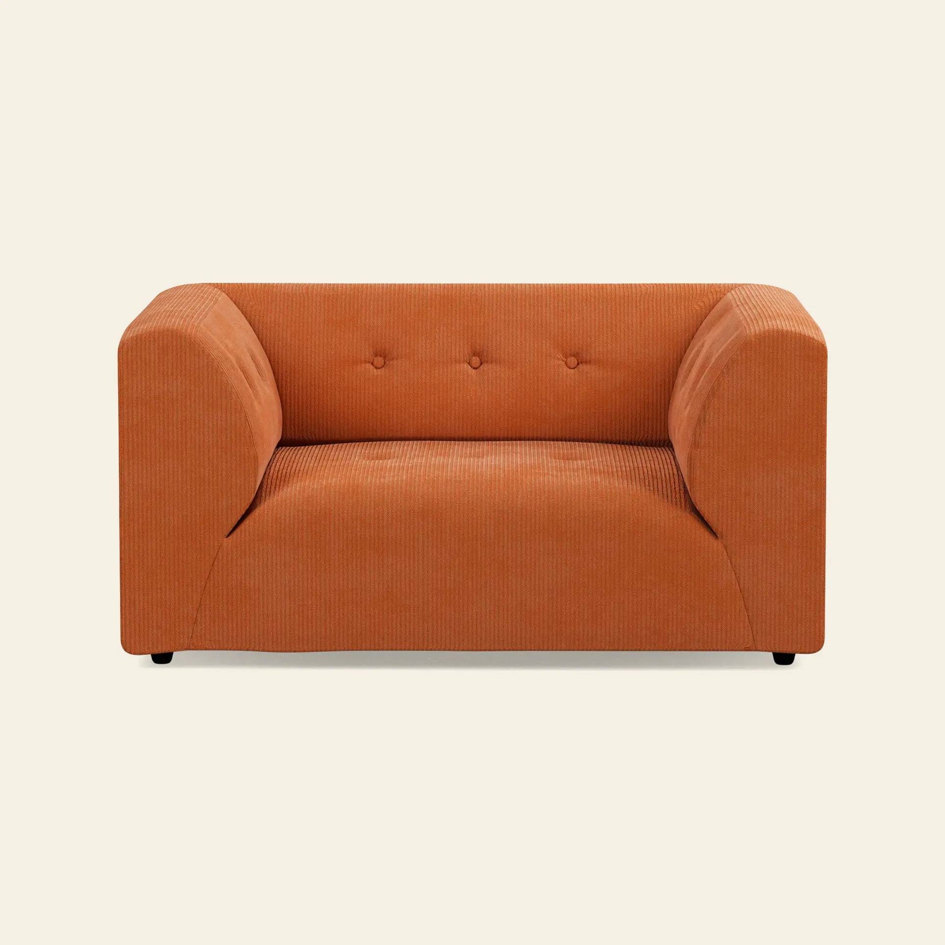 The HKLIVING Vint Couch Loveseat by HKLIVING is a modern orange corduroy sofa with wide, rounded armrests and three button-tufted details on the backrest, shown against a plain light beige background.