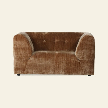 The HKLIVING Vint Couch, Loveseat by HKLIVING is a plush brown corduroy piece with curved armrests, a low back, and three tufted buttons on the backrest, shown against a plain cream background.