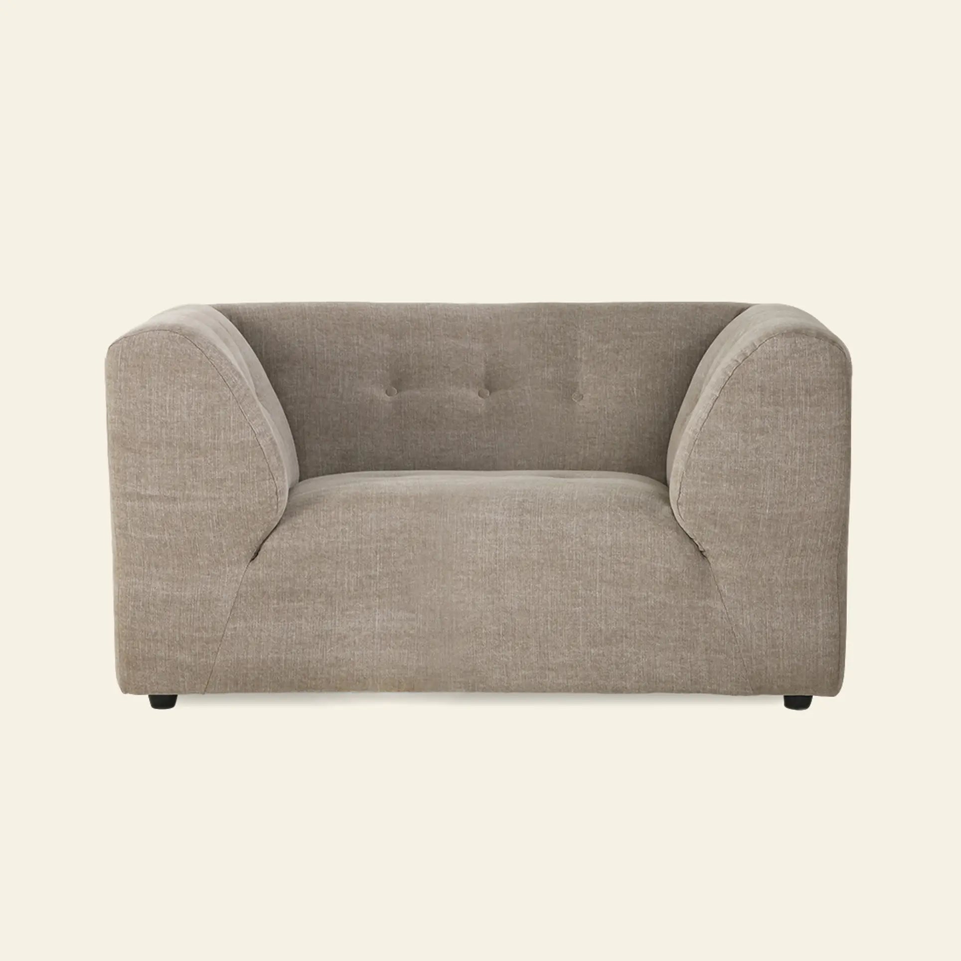 The HKLIVING Vint Couch Loveseat by HKLIVING is a modern, light brown, customizable loveseat with wide armrests and a low backrest, shown against an off-white background.