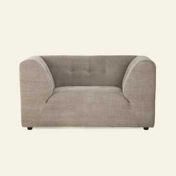 The HKLIVING Vint Couch Loveseat by HKLIVING is a modern, light brown, customizable loveseat with wide armrests and a low backrest, shown against an off-white background.
