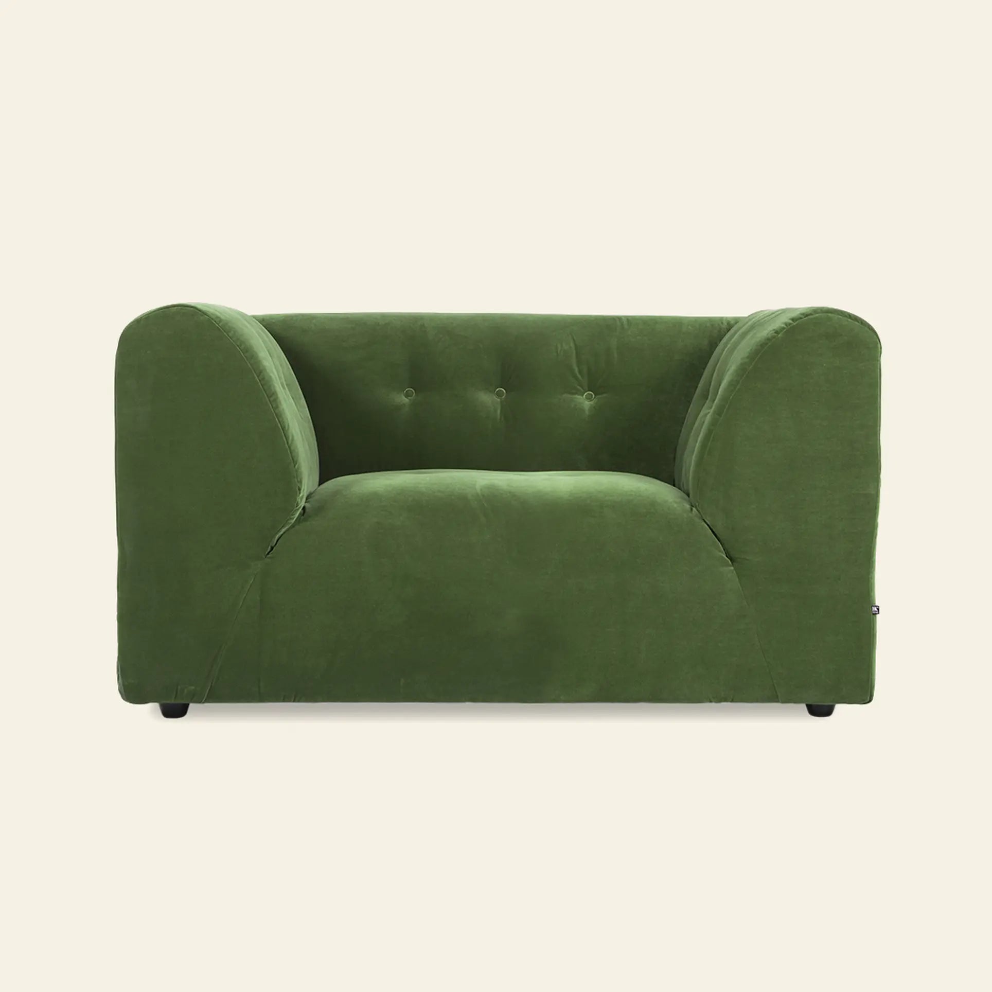 The HKLIVING Vint Couch Loveseat in green velvet features rounded armrests and a tufted backrest, shown against a light backdrop—ideal as a stylish loveseat for your living space.