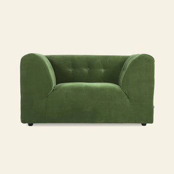 The HKLIVING Vint Couch Loveseat in green velvet features rounded armrests and a tufted backrest, shown against a light backdrop—ideal as a stylish loveseat for your living space.
