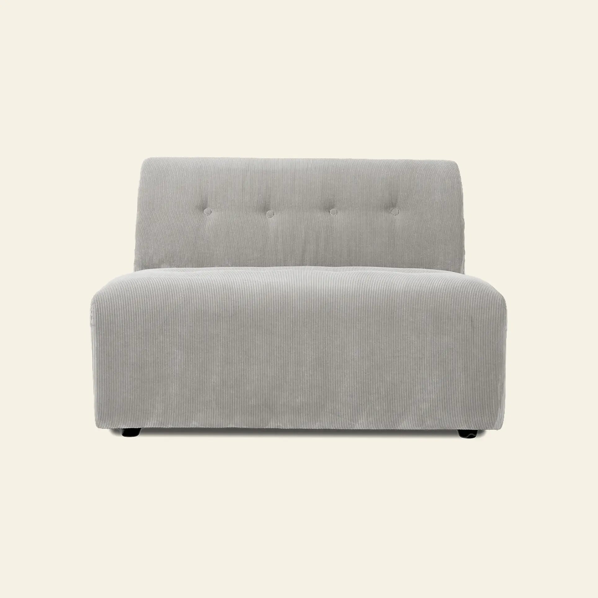 The HKLIVING Vint Couch, Middle, 1.5-Seat by HKLIVING is a modern, armless light gray upholstered chair with a tufted backrest and wide cushioned seat, designed for modular sofa configurations. Shown against an off-white background.