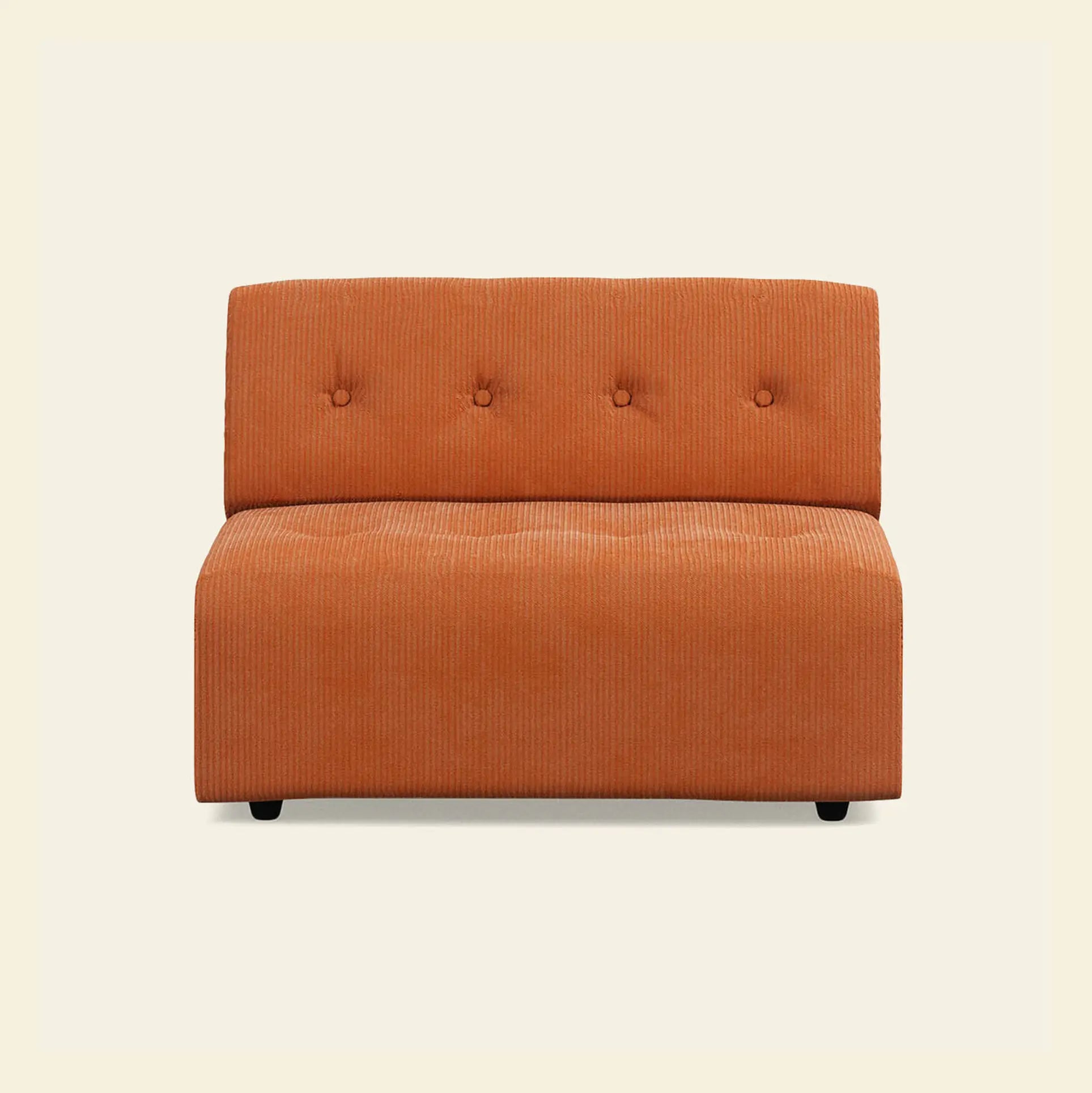 The HKLIVING Vint Couch, Middle, 1.5-Seat is an orange armless loveseat with a ribbed texture, button-tufted backrest, and low black legs—customizable for your fit and part of the HKLIVING Vint Couch collection.