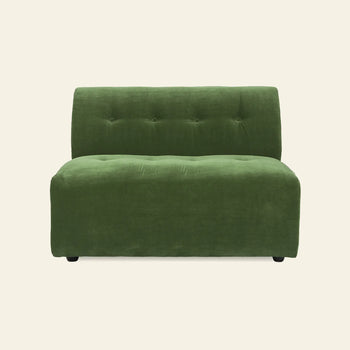The HKLIVING Vint Couch, Middle, 1.5-Seat is a green armless loveseat with tufted button details and soft upholstery, shown on a beige backdrop. Modular design lets you pair it with other customizable pieces from HKLIVING's Vint Couch collection.