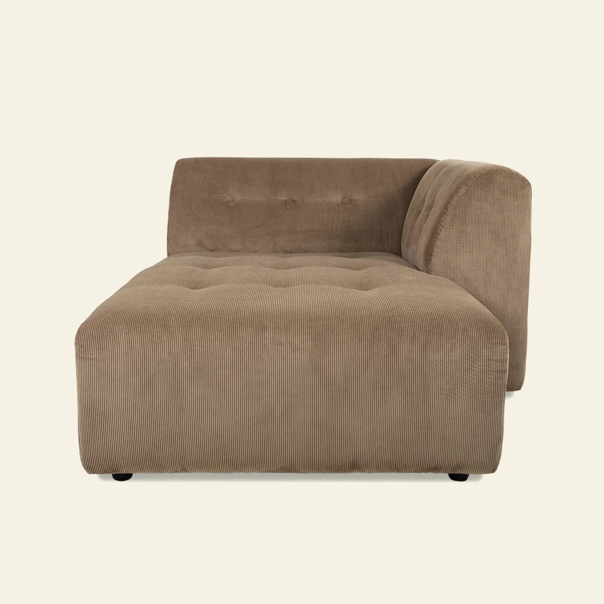 Front view of the HKLIVING Vint Couch, Right Divan—a modern, low-profile brown corduroy modular chaise lounge with a tufted seat and backrest by HKLIVING, set against a plain light background.