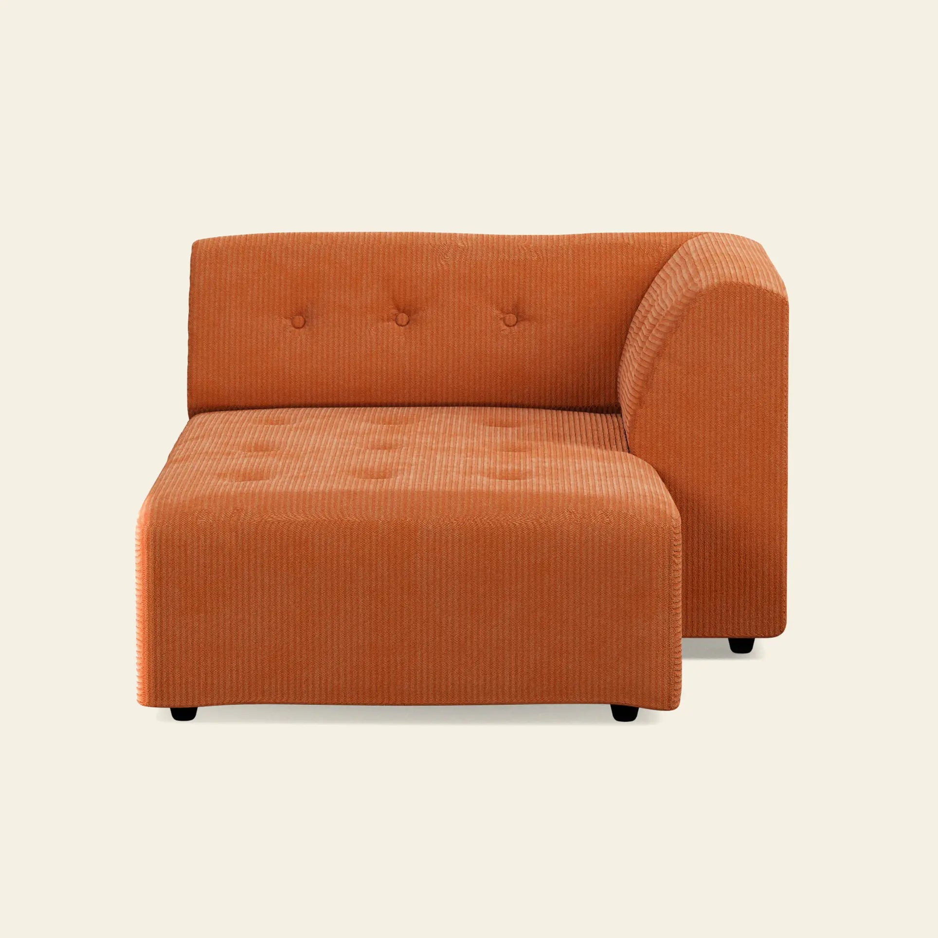 The HKLIVING Vint Couch, Right Divan by HKLIVING features orange corduroy upholstery, tufted details, a low backrest, and short black legs, displayed against a plain light background.