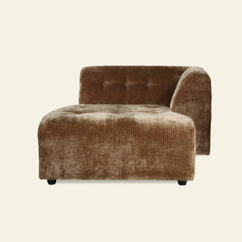 The HKLIVING Vint Couch, Right Divan by HKLIVING is a modern armless chaise lounge in textured brown corduroy with a tufted seat and backrest, perfect for enhancing any customizable sofa or modular couch setup.