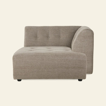 The HKLIVING Vint Couch, Right Divan by HKLIVING features a light brown, tufted design with a low back and right-side armrest, set against an off-white background. This modular sofa offers customizable seating for your space.