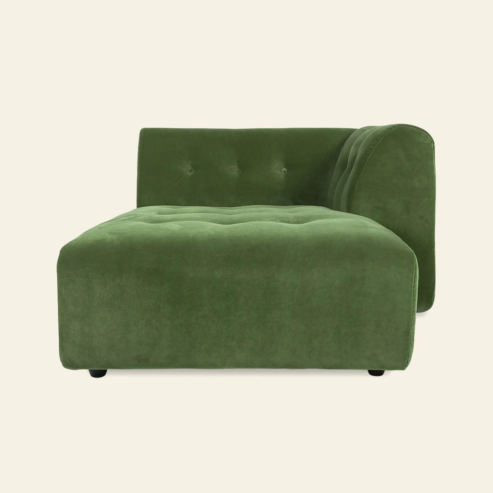 The HKLIVING Vint Couch, Right Divan by HKLIVING is a modern green velvet sofa with tufted cushions, low profile, and a single right-side armrest, shown against a plain light background.