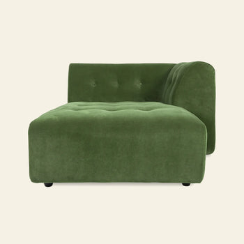 The HKLIVING Vint Couch, Right Divan by HKLIVING is a modern green velvet sofa with tufted cushions, low profile, and a single right-side armrest, shown against a plain light background.