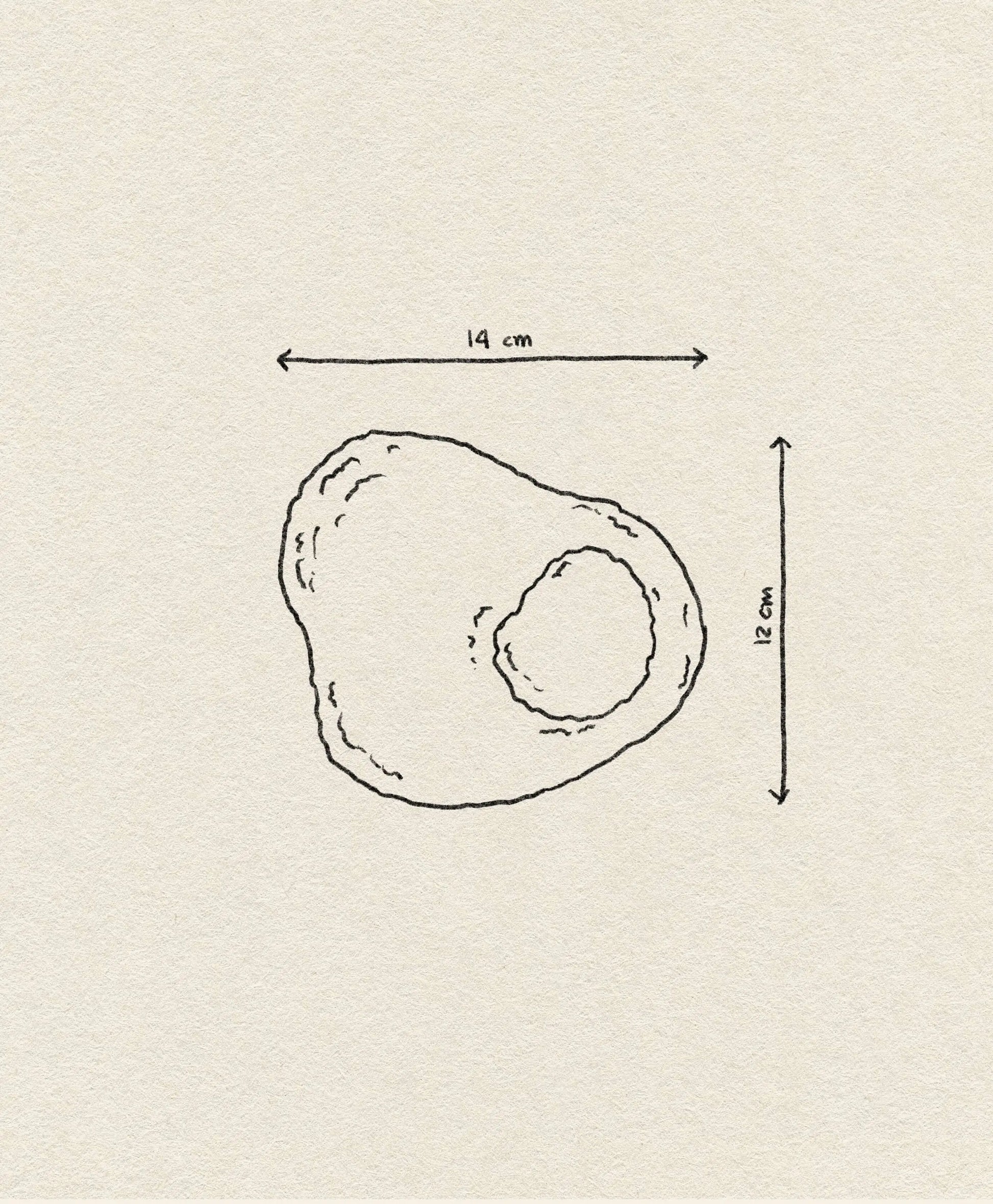 Line drawing of an irregular, handcrafted oval object with a smaller inner oval—like the Habichl Tufted Egg Coasters by Habichl. Arrows point to its dimensions: 14 cm wide and 12 cm tall.