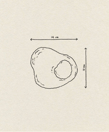 Line drawing of an irregular, handcrafted oval object with a smaller inner oval—like the Habichl Tufted Egg Coasters by Habichl. Arrows point to its dimensions: 14 cm wide and 12 cm tall.
