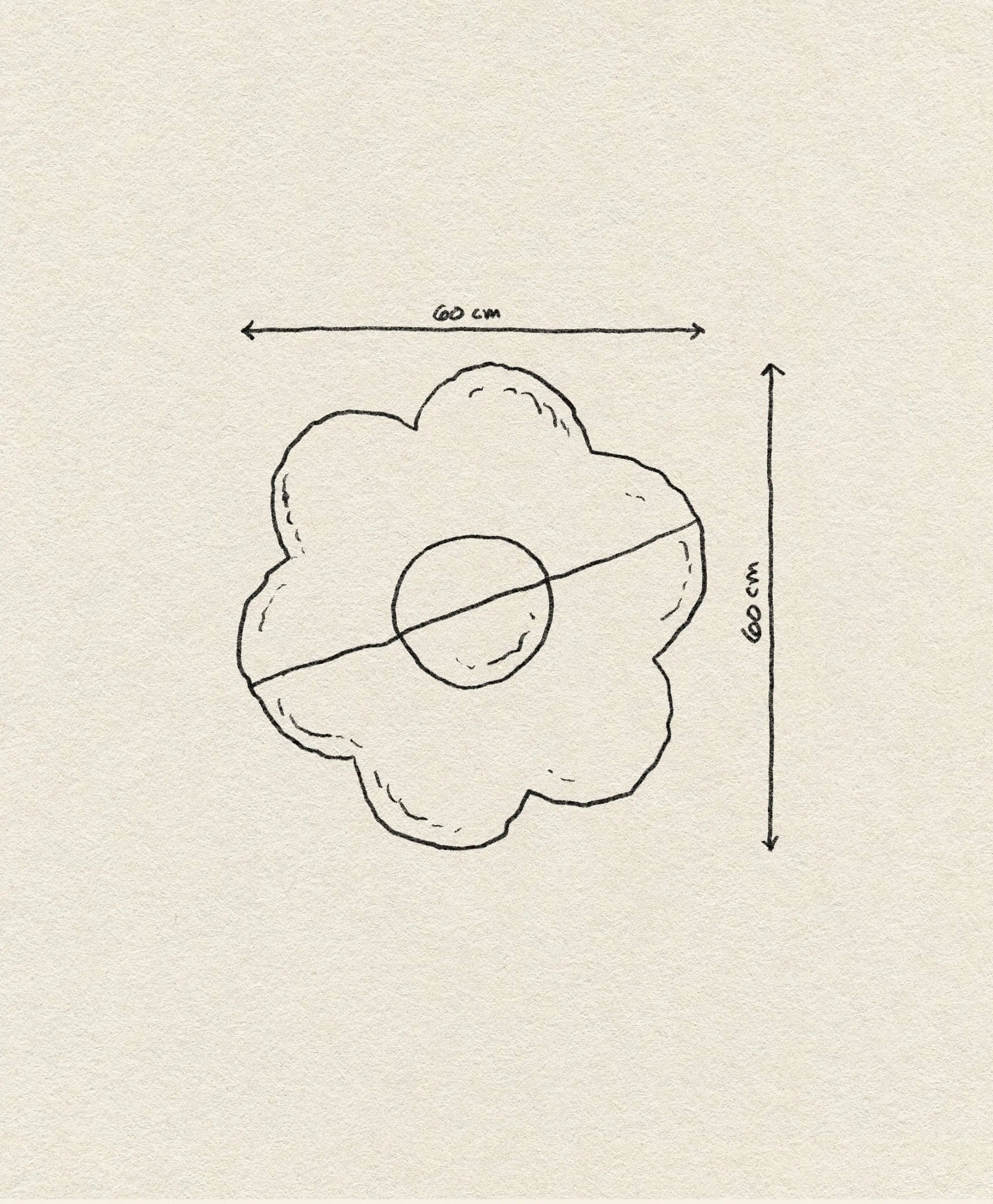 A hand-drawn diagram of the Habichl Tufted Flower Floor Rug by Habichl shows its flower shape with a circular center; two arrows indicate its 60 cm width and height on textured beige paper.