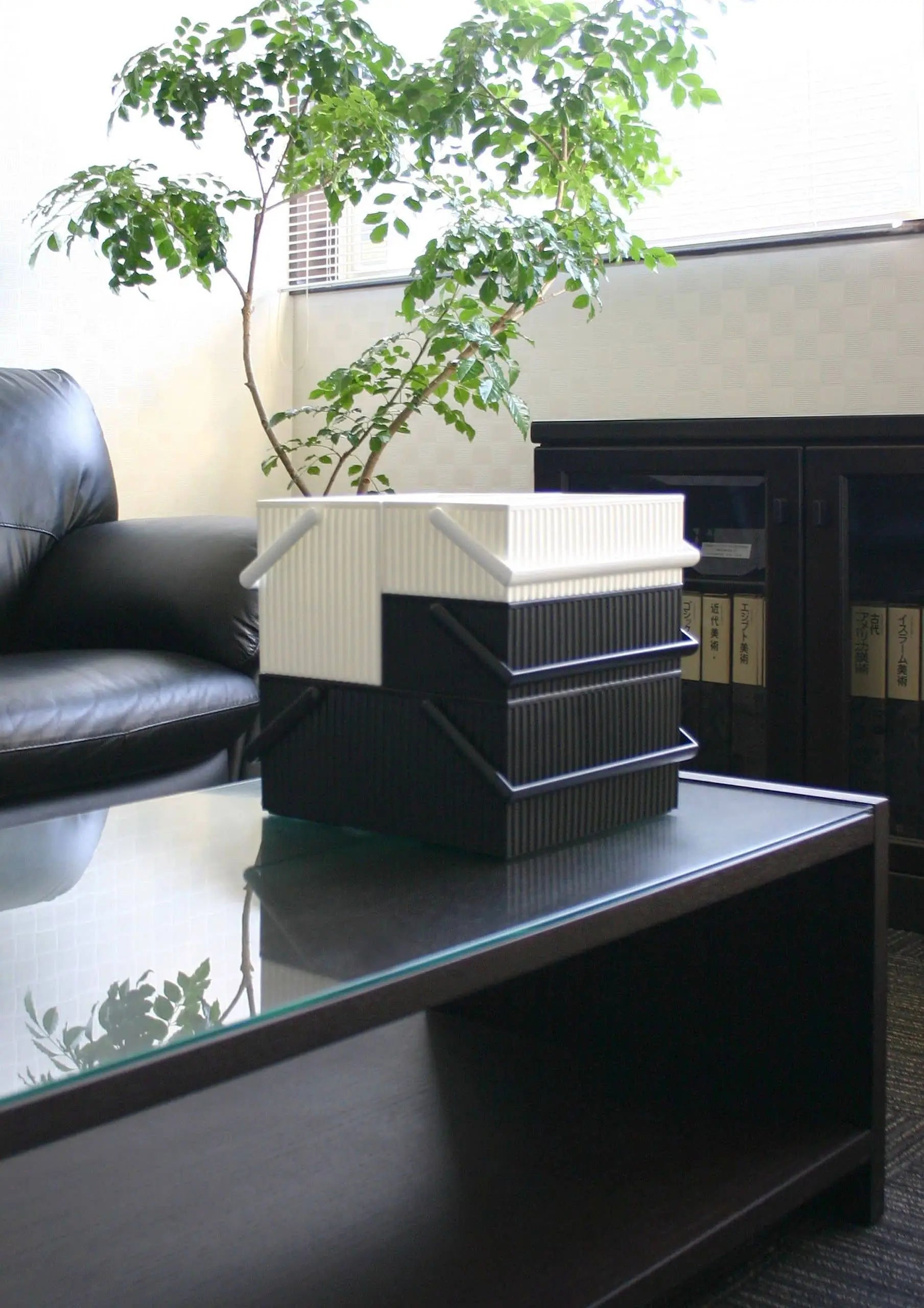 A modern living room features a glass coffee table, black leather sofa, green potted plant, and a Hachiman Omnioffre Stackable Storage Box S by Hachiman on the table. Sunlight shines through a window in the background.