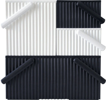 The Hachiman Omnioffre Stackable Storage Box S by Hachiman offers a modern, geometric design with bold black and white panels, vertical ridges, and cylindrical accents—perfect for adding abstract style to contemporary spaces.