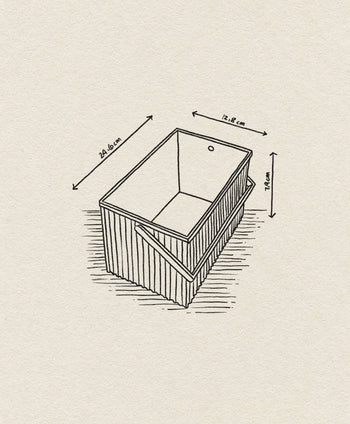 A hand-drawn diagram of the Hachiman Omnioffre Stackable Storage Box S by Hachiman, with labeled dimensions: 121.6 cm (L) x 74.0 cm (H) x 71.8 cm (W). Features vertical slats, an angled handle, and a modern minimalist design.