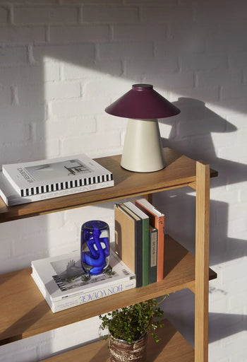 A wooden shelf against a white brick wall holds the Hübsch Chipper Table Lamp by Hübsch, a blue glass mug, several books, and a small potted plant. Sunlight casts soft shadows for a calm, modern look with cheerful accents.